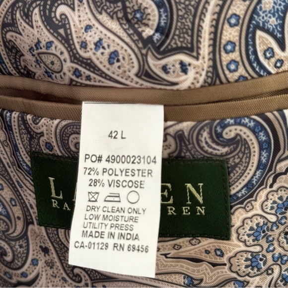 Lauren Ralph Lauren Men’s Tan Paisley Lining Suit Blazer Size 42L - Picture 5 of 6